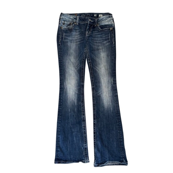 Miss Me Women’s Jeans SZ 28 Boot Fading Dark Wash Distressed Rhinestones Waist - Picture 2 of 7